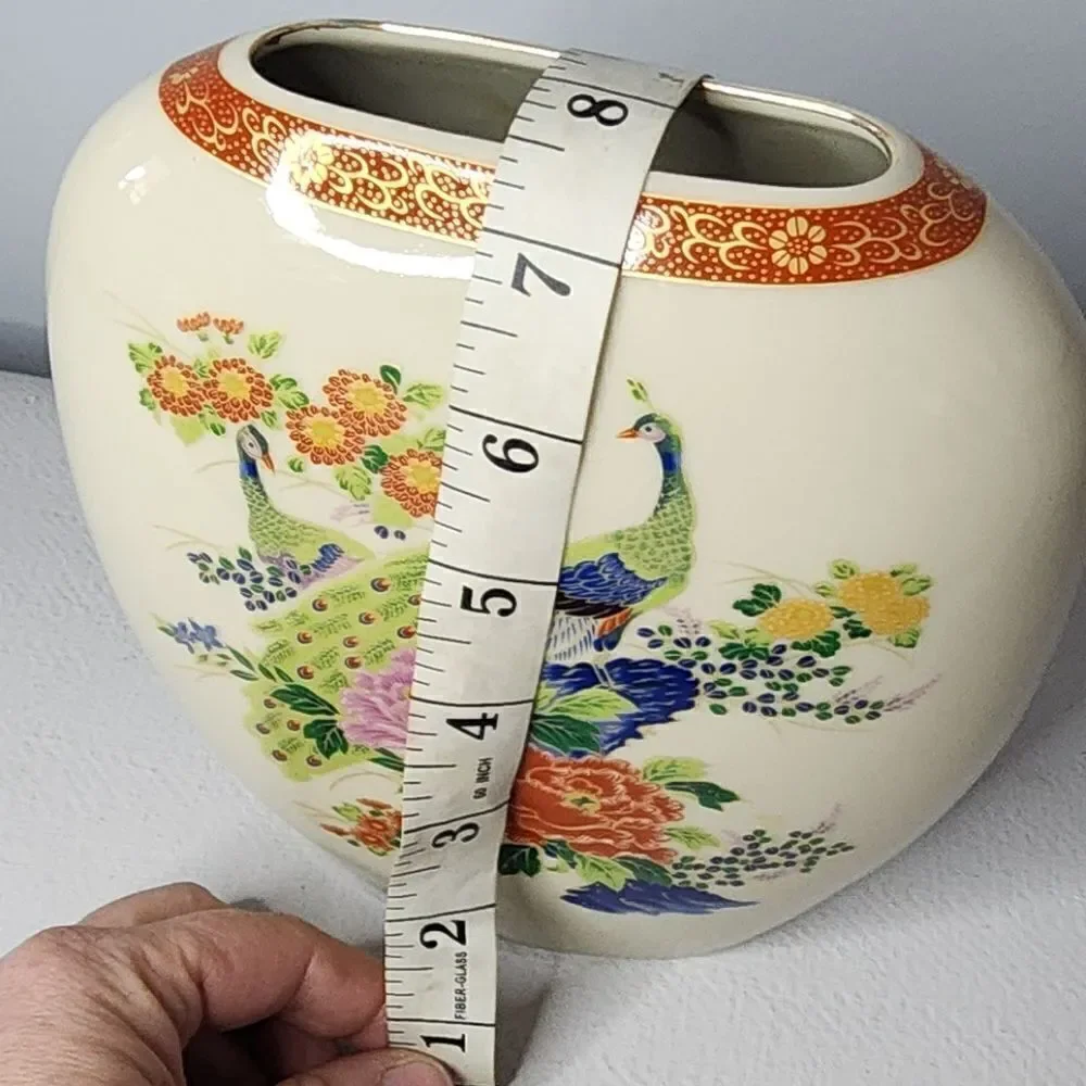 Japanese Cream Peacock & Floral Flat Oval Vase Made in Japan Satsuma